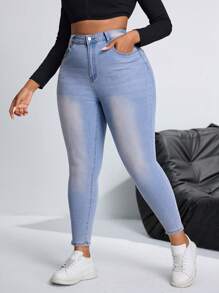 SHEIN SXY 大码纯色口袋紧身牛仔裤 - 藍色 - 查看 1