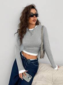 SHEIN EZwear 女士秋冬休闲拼色褶饰长袖 T 恤