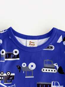Cozy Pixies 2pcs Baby Boy Cartoon Car Print Knit Soft Crew Neck Long Sleeve Top And Pants Pajama Set