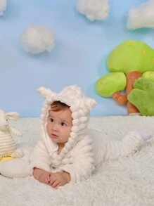 SHEIN Bộ đồ liền thân dài tay có mũ trùm đầu dễ thương cho bé sơ sinh mùa đông - trắng - Xem 7