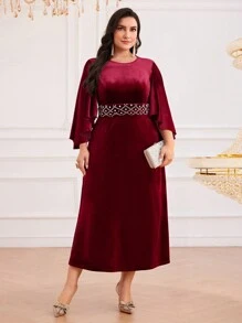 Modelyn Burgundy Red Plus Size Women's Spring & Autumn Elegant Dress With Pearl Decor & Ruffle Sleeves Long Evening Dresses - Burgundy - View 1
