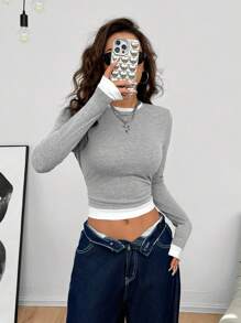 SHEIN EZwear 女士秋冬休闲拼色褶饰长袖 T 恤