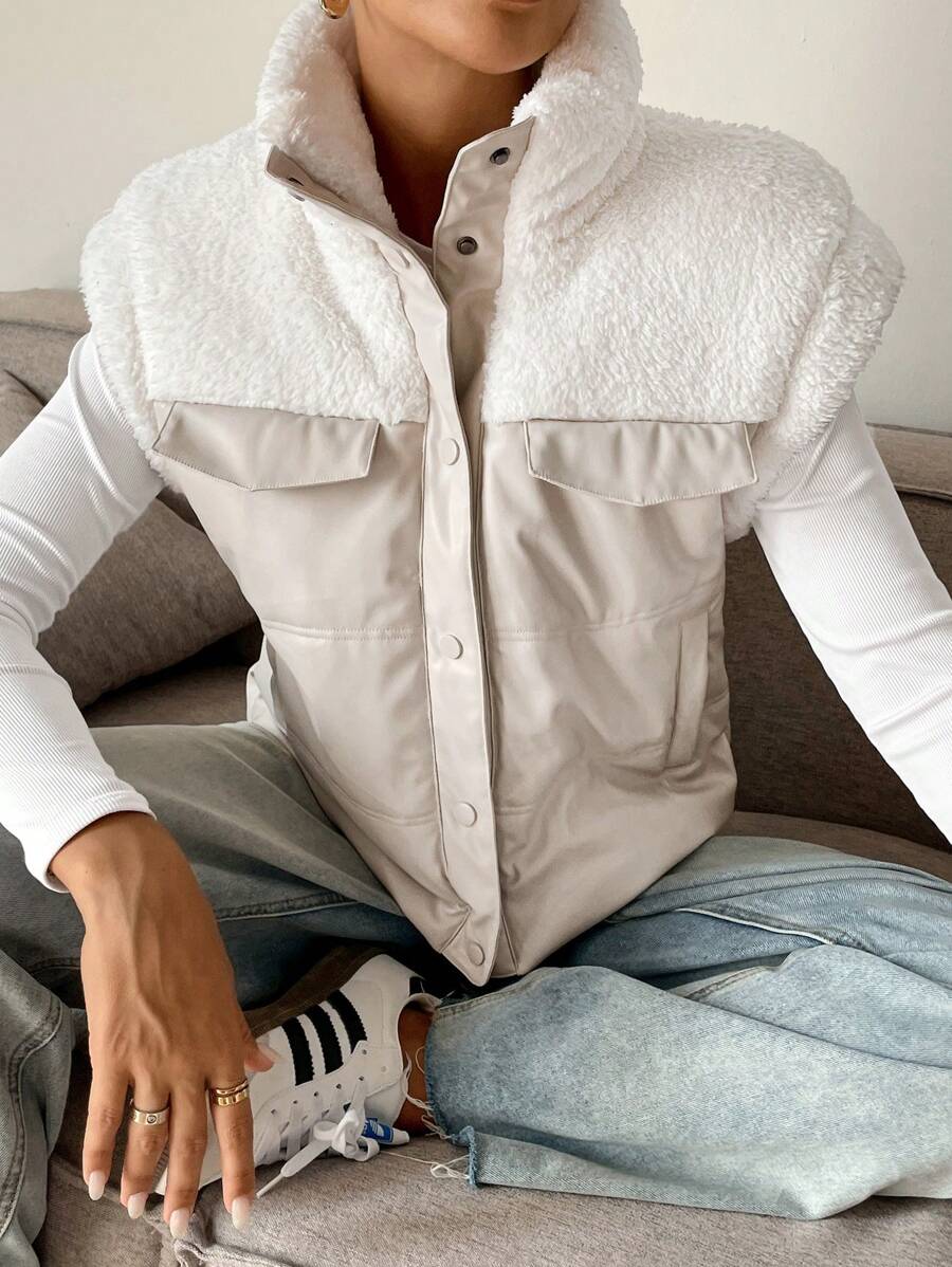 SHEIN Frenchy 女士纯色拼布加绒加厚单排扣背心和夹棉外套，冬季