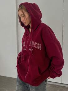 DAZY 女士字母印花落肩长袖拉链连帽卫衣，春秋夹克 - 紅色 - 查看 6