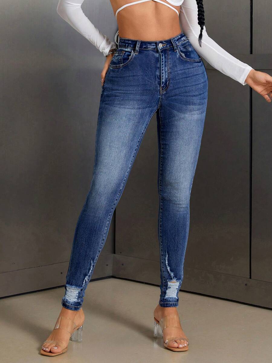 SHEIN SXY 女式纯色带口袋紧身牛仔裤 - 藍色 - 查看 1