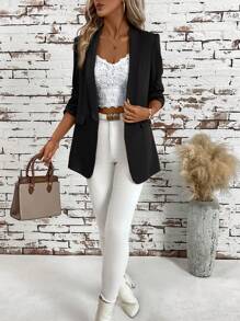 SHEIN Clasi Women's Classic Camel Color Office Commuter Blazer - Black - View 6