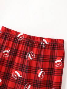 SHEIN 2pcs Tween Boy Christmas Cartoon Santa Hat & Letter Print Sweatshirt And Plaid Pattern Relaxed Fit Pajama Pants Set - Multicolor - View 6