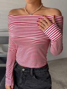 DAZY Christmas Women's Striped Off Shoulder Slim Fit T-Shirt