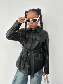 SHEIN Explorewe Tween Girls Fashion Stylish High-End Quality Detachable Belt PU Leather Jacket - Black - View 3