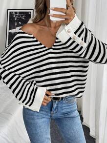 SHEIN LUNE Sweater Rajut Kasual Longgar Berkerah V dengan Kancing, Motif Garis Kontras untuk Wanita, Pullover Rajut Musim Gugur/Musim Dingin - Hitam dan Putih - View 3