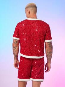 FeverCity Camicia uomo di moda con applicazioni di paillettes, decorativa, a maniche corte, per il Natale
