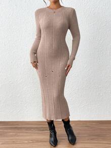 SHEIN Clasi Women's Slim Fit Ribbed Hole Long Sweater Dressbusiness Casual Woman,Work Wear,Fall Wedding Guest Dress, - Khaki - View 7