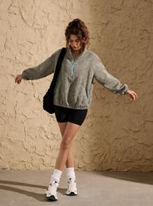 VARSITIE 抓绒卫衣 高领 长袖 撞色滚边 宽松休闲 女式户外卫衣 - 卡其色 - 查看 3