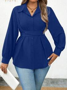 Calvaya Plus Size Solid Front Button Long Sleeve Casual Shirt - Royal Blue - View 3