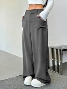 SHEIN EZwear 女士纯色低腰口袋直筒宽松休闲正装裤 - 灰色 - 查看 4