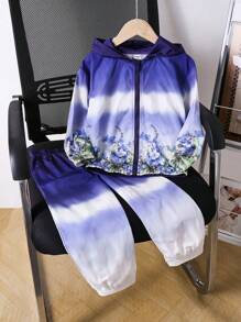 2pcs/Set Young Girl Autumn Winter Fashion Floral Print Blue White Gradient Tie Dye Hooded Cardigan Jacket & Loose Fit Long Sports Pants - Purple - View 3