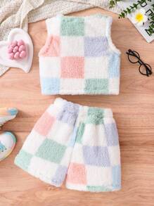 2pcs/Set Young Girl' Minimalist Vibrant Geometric Plaid Sleeveless Top & Shorts Plush Outfit - Multicolor - View 2