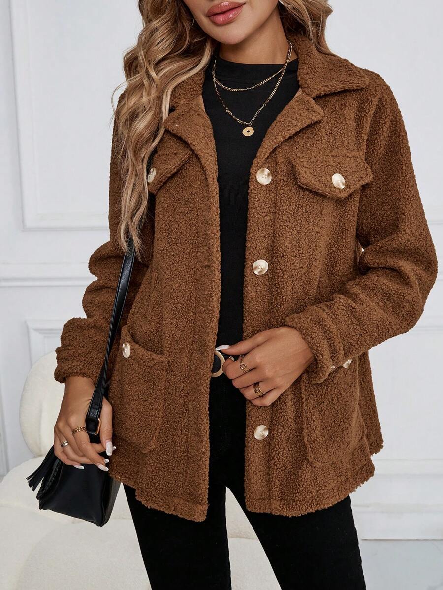 EMERY ROSE Women's Solid Color Button Front Long Sleeve Faux Pocket Casual Jacket Winter Women Coat - Brown - View 1