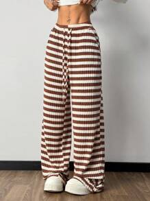SHEIN Essnce Pantalones informales con bolsillos y nudo delantero a rayas - Rojo y blanco - Ver 4