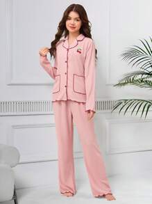 少女睡衣两件套，粉色简约樱桃刺绣长裤和长袖开衫，时尚家居服 - 粉色 - 查看 9