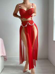 3pcs Set: Vintage Pearl Fishbone Split Cropped Top + Mini Skirt + Thong Panty