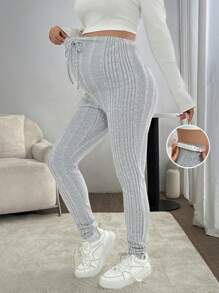 SHEIN Solid Color Lace-Up Casual Maternity Leggings - Light Grey - View 1