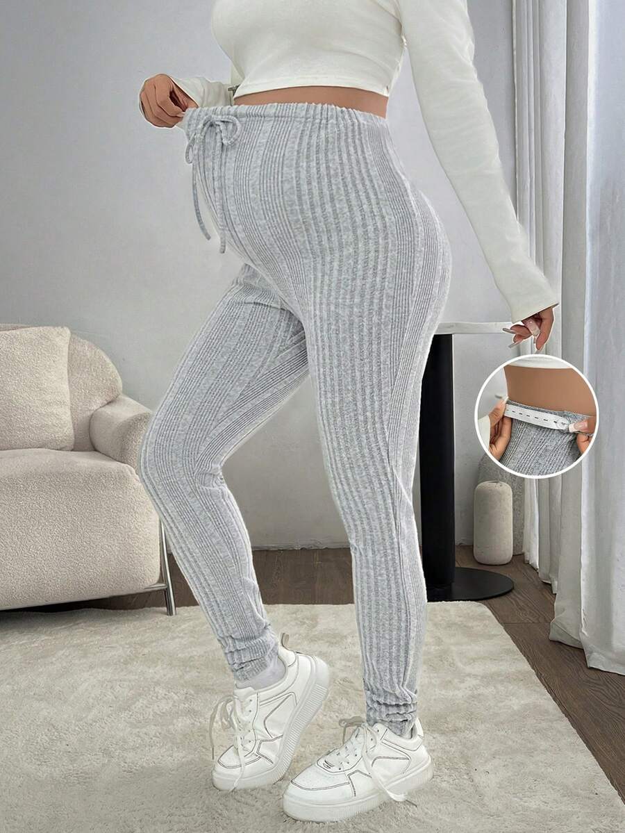 SHEIN Solid Color Lace-Up Casual Maternity Leggings - Light Grey - View 1