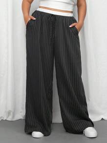 SHEIN EZwear Plus Size Women Waist Tie-Up Color Block Stripe Wide Leg Loose Casual Pants - Dark Grey - View 1