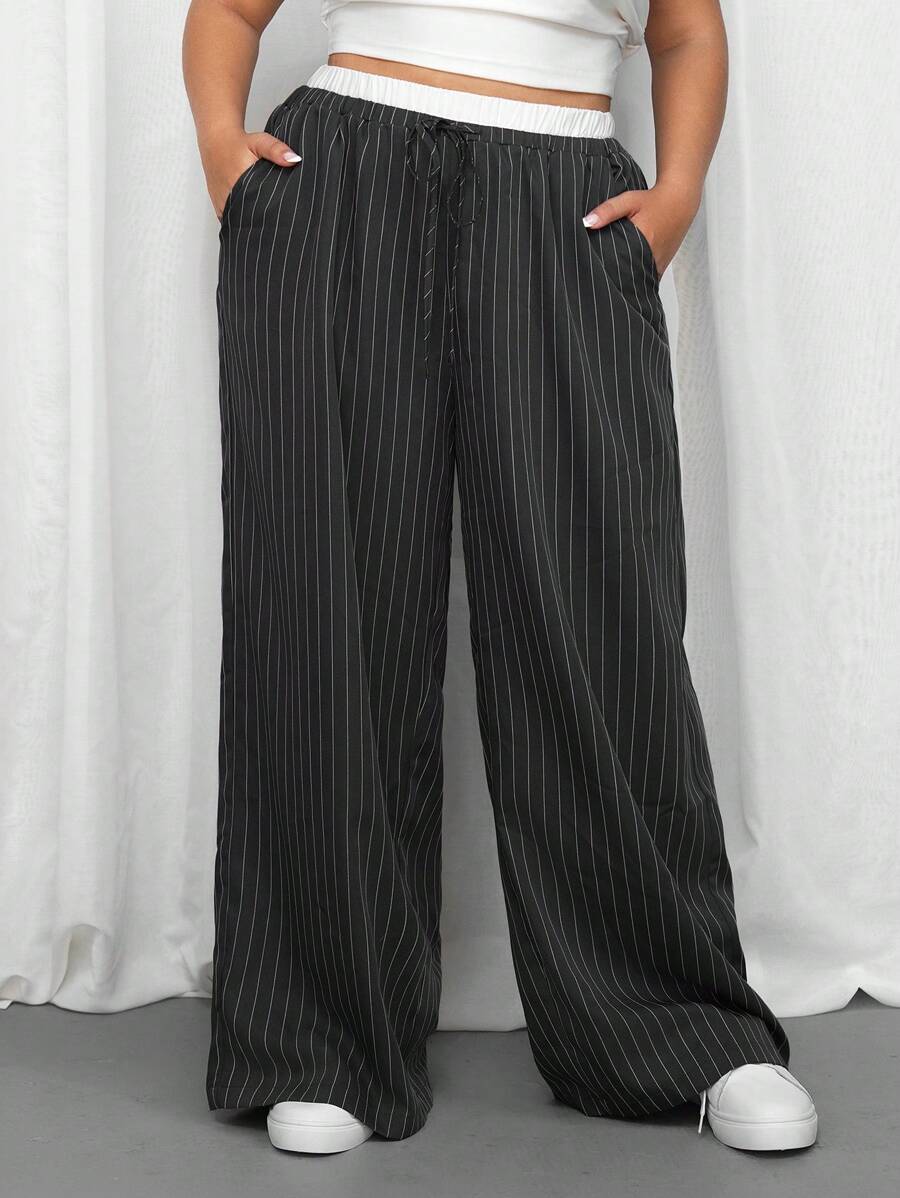 SHEIN EZwear Plus Size Women Waist Tie-Up Color Block Stripe Wide Leg Loose Casual Pants - Dark Grey - View 1