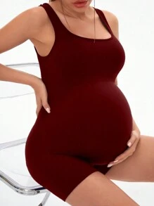 SHEIN 孕妇夏季纯色休闲运动装吊带背心和短裤连体裤，适合孕妇 - 酒紅色 - 查看 3