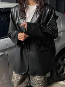 DAZY Women's Loose Fit PU Moto Jacket Leather Jacket - Black - View 3