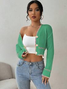 Chiquease Women's Oversized Long Sleeve Cropped Elegant Cardigan Sweater, Spring Autumn - Green - View 4