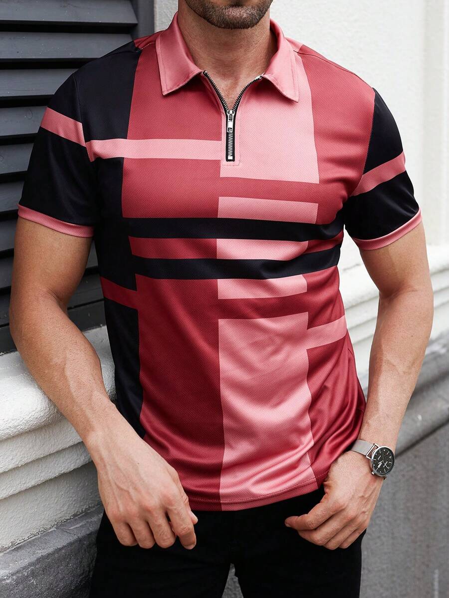 Manfinity Sport Corelite 男友风男士运动条纹拼布修身 Polo 衫 - 彩色 - 查看 1