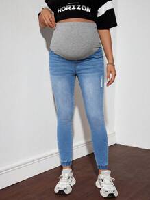 SHEIN Maternity Casual Skinny Stretch Cropped Jeans, Blue - Blue - View 3