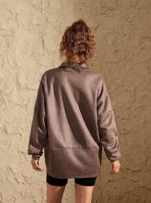 VARSIVA Sweatshirt Polo Collar Loose Casual Long Sleeves Women Sports Sweatshirts - Coffee Brown - View 2