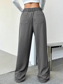 SHEIN EZwear 女士纯色低腰口袋直筒宽松休闲正装裤 - 灰色 - 查看 2