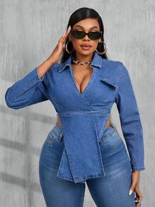 SHEIN ICON 大码女式牛仔上衣 性感紧身弹力绷带夹克 蓝色外套 万圣节派对秋季女装 万圣节风俗女式长袖衬衫 长袖蓝色紧身胸衣上衣 女式服装 女式紧身胸衣 演唱会服装 圣诞女装 - 中等水洗藍 - 查看 1