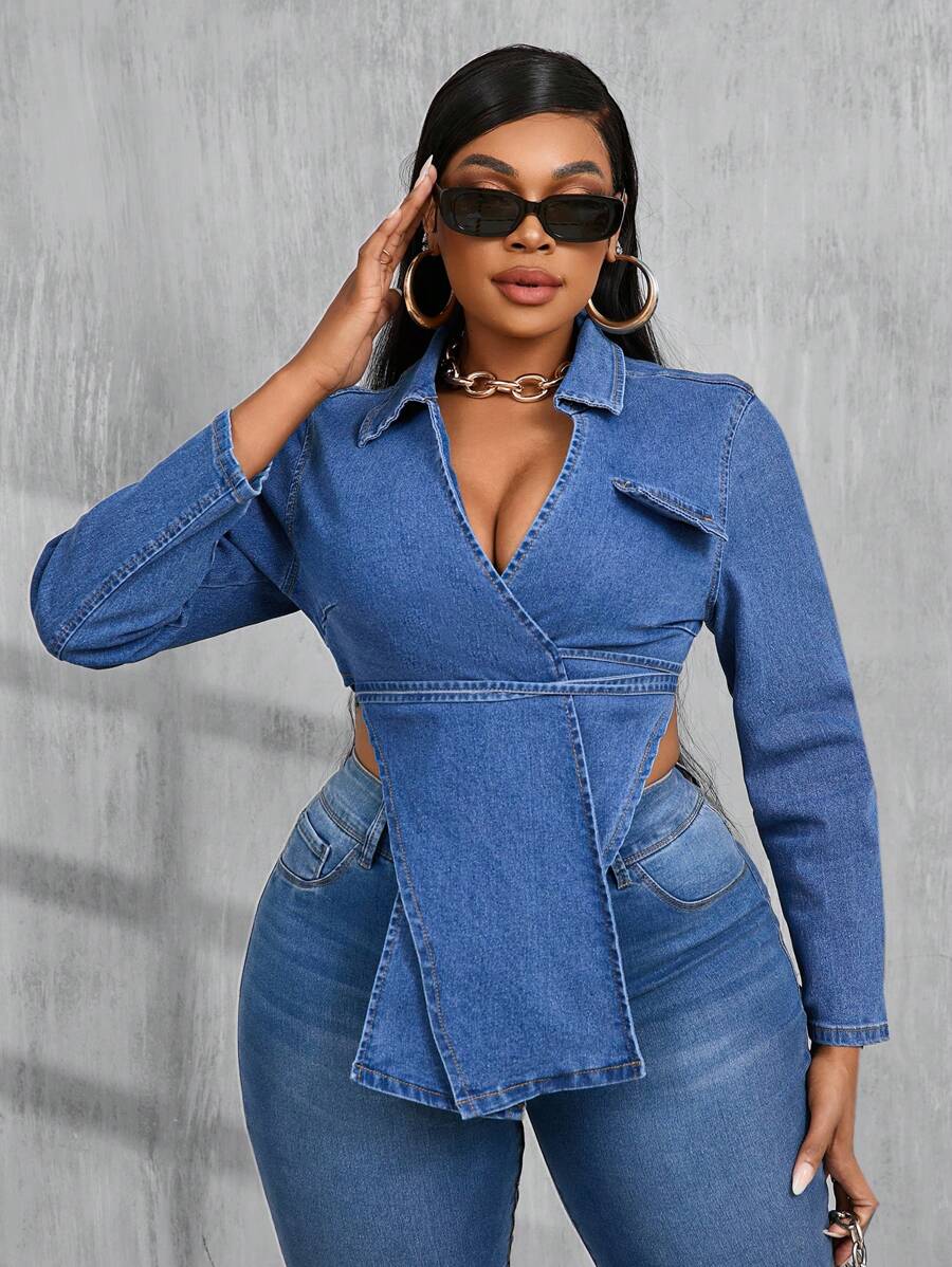 SHEIN ICON 大码女式牛仔上衣 性感紧身弹力绷带夹克 蓝色外套 万圣节派对秋季女装 万圣节风俗女式长袖衬衫 长袖蓝色紧身胸衣上衣 女式服装 女式紧身胸衣 演唱会服装 圣诞女装 - 中等水洗藍 - 查看 1