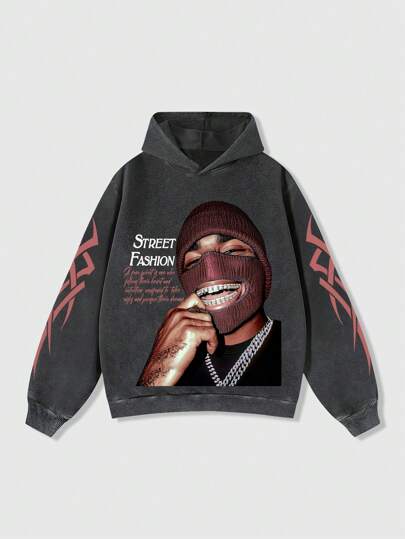 Street Life Men's Loose Fit Slogan & Character Print Long Sleeve Hooded Sweatshirt, Fall/Winter