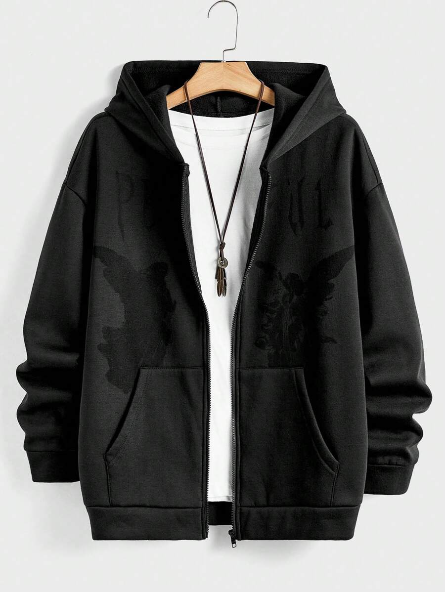Manfinity RebelGame Áo hoodie túi Kangaroo họa tiết thiên thần và chữ cho nam dáng rộng - màu đen - Xem 1
