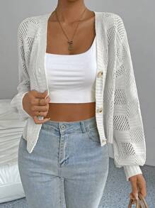 SHEIN LUNE Women's Solid Color Front Button Long Sleeve Minimalist Casual Blouse - White - View 6