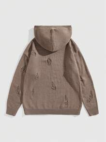 ROMWE MEN Goth Suéter de punto desgastado de unicolor con capucha casual para hombres, otoño/invierno - Café integral - Ver 2