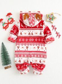 SHEIN Pasgeboren babyjongen/meisje kerstrendier & boompatroon dikke pluche jumpsuit, schattige stijlvolle warme outfit voor casual, vakantie, kerstfeestkleding