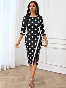 SHEIN Lady Four Season  Attire Geometric Print Black And  Big Circle Graphic Knitted Round Neck Contrast Binding Split Midi Dress Three Quarter Length Sleeve  Women Dresses Vintage Dress Elegant Women Dresses