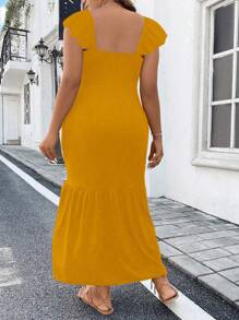 Celure Đầm thanh lịch cổ tim màu trơn mùa hè cỡ lớn cho nữ tay lửng xẻ tà viền xẻ - Màu vàng - Xem 2