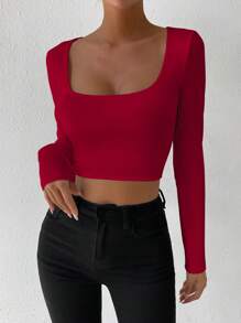 Chiquease Solid Color Crew Neck Sexy Slim Fit Long Sleeve T-Shirt - Burgundy - View 5