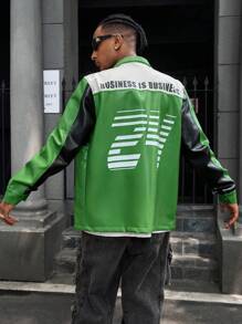 PAVTROS Giacca da uomo con stampa colorblock e lettera, adatta per autunno e inverno, abiti da uomo per l'autunno, giubbotti di pelle da strada per uomo - Verde - Visualizzare 2