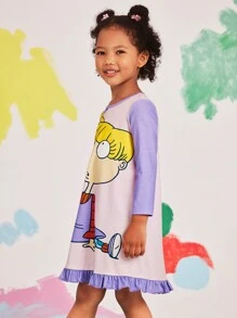 Nick 90s | SHEIN Young Girls Rugrats Cartoon Cute Little Girl Print Pink Purple Colorblock Contrast Color Processing Ruffle Hem Nightgown,Autumn/Winter - Mauve Purple - View 8