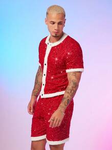 FeverCity Camicia uomo di moda con applicazioni di paillettes, decorativa, a maniche corte, per il Natale