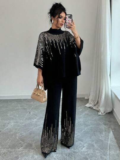 Selianne Women's Sequin Patchwork Batwing Sleeve Sweater And Knitted Pants Loose Suit, Fall/Winter